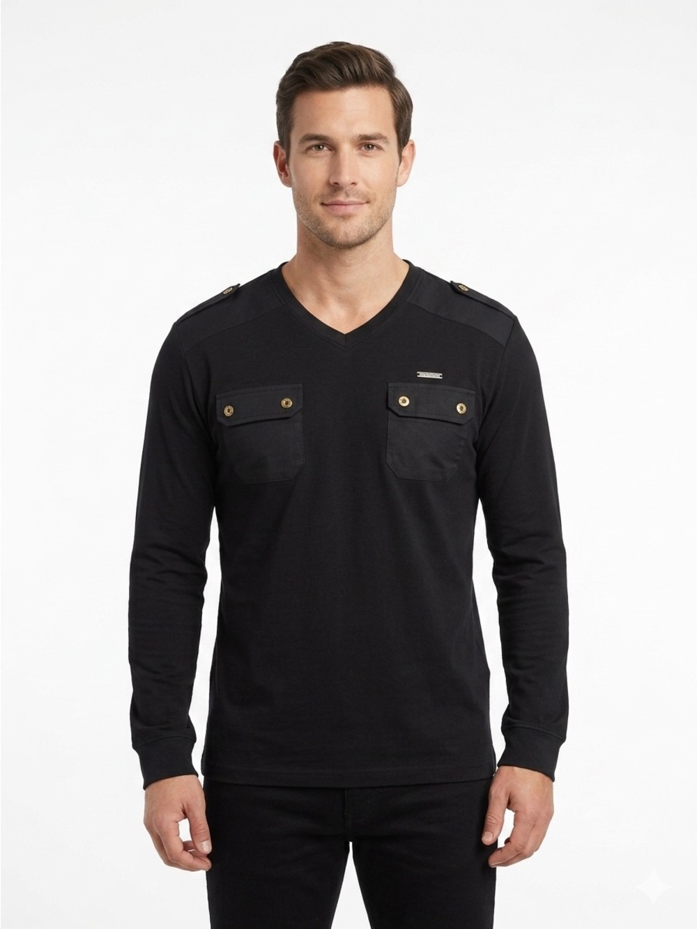 Imperious Black Thermal Utility Men’s Long Sleeve Shirt Gold Buttons cotton 1896